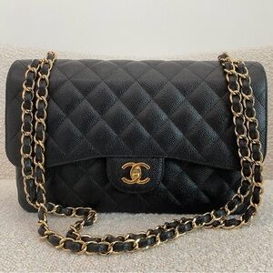 CHANEL Black Quilted Caviar Leather Double Flap Shoulder Bag with Gold Hardware